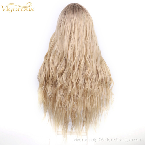 Lace Synthetic Wig Colored Blonde Hair Long Body Wavy Middle Part High Quality Good Premium Hair Cheap Price